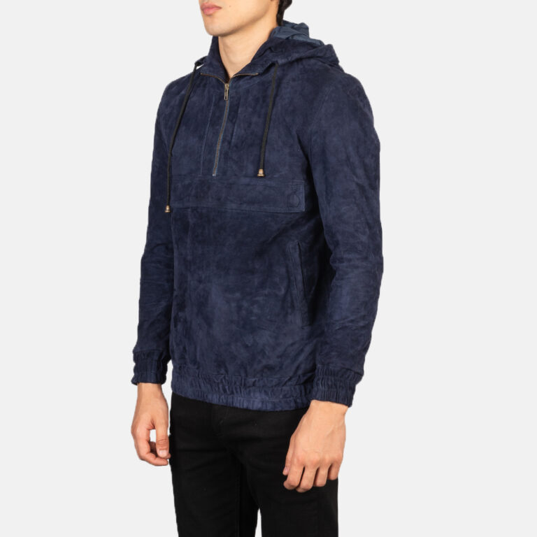 Mens Kenton Hooded Blue Suede Pullover Jacket Side Pose-3-1634134767451